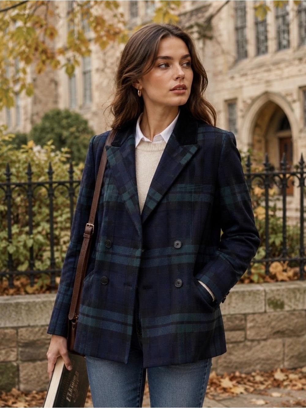 Avec Les Filles Blackwatch Plaid Double-Breasted Blazer Coat, Size L